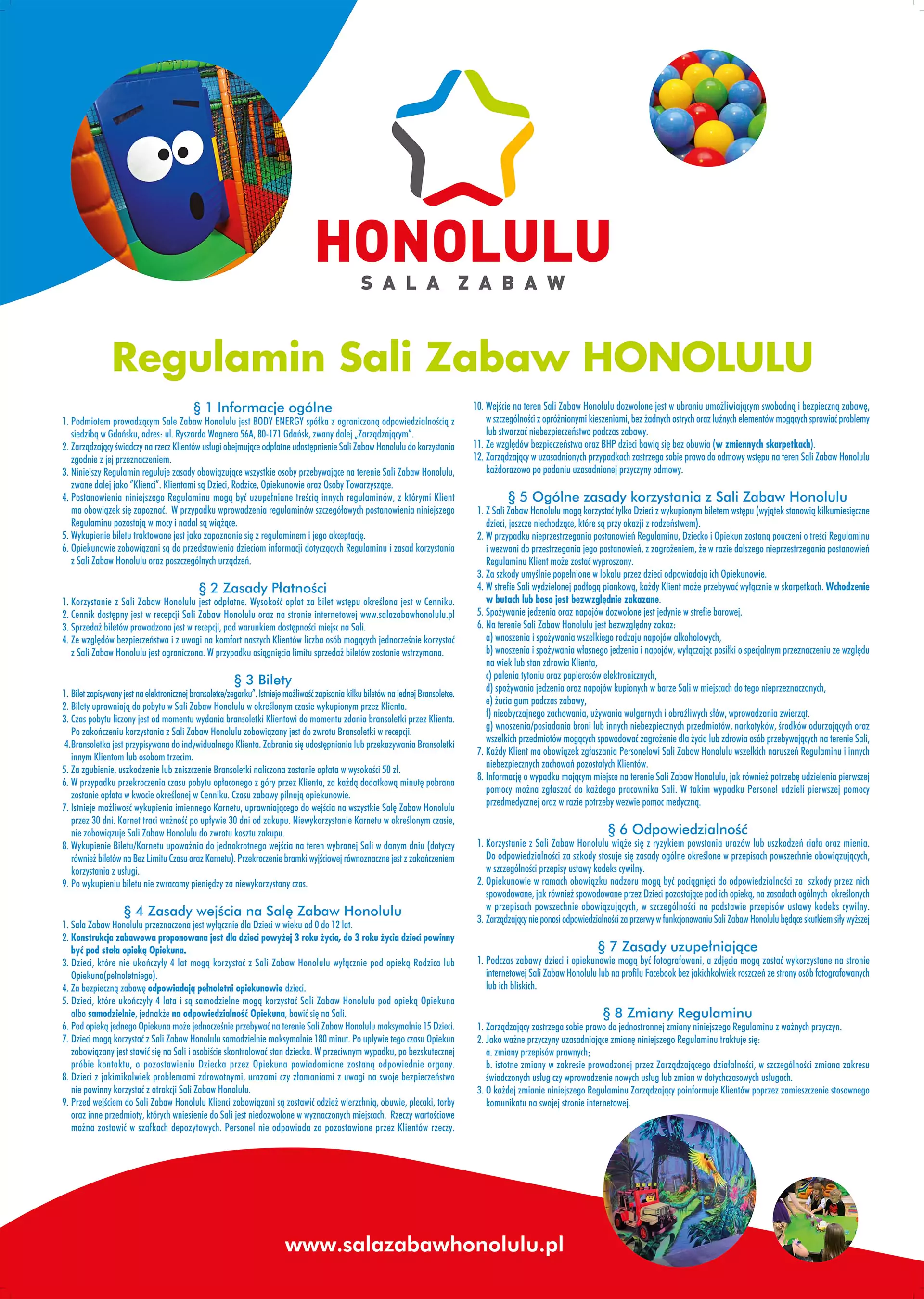 Regulamin sali zabaw Honolulu